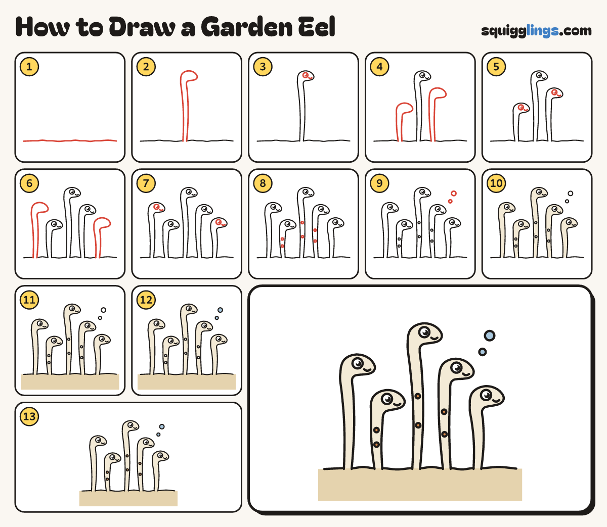 How to Draw a Garden Eel step by step: all 13 steps in one picture