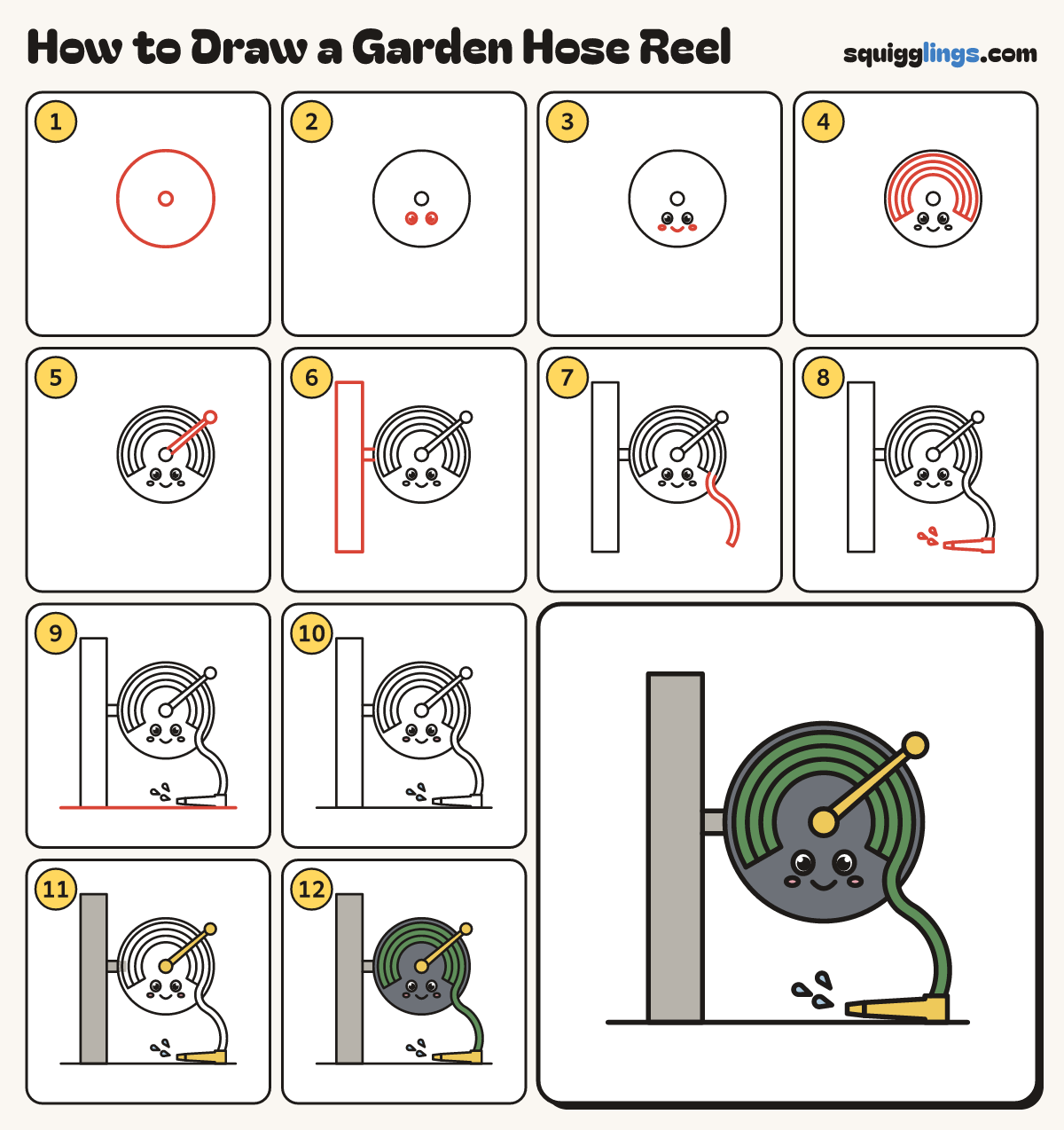 How to Draw a Garden Hose Reel step by step: all 12 steps in one picture