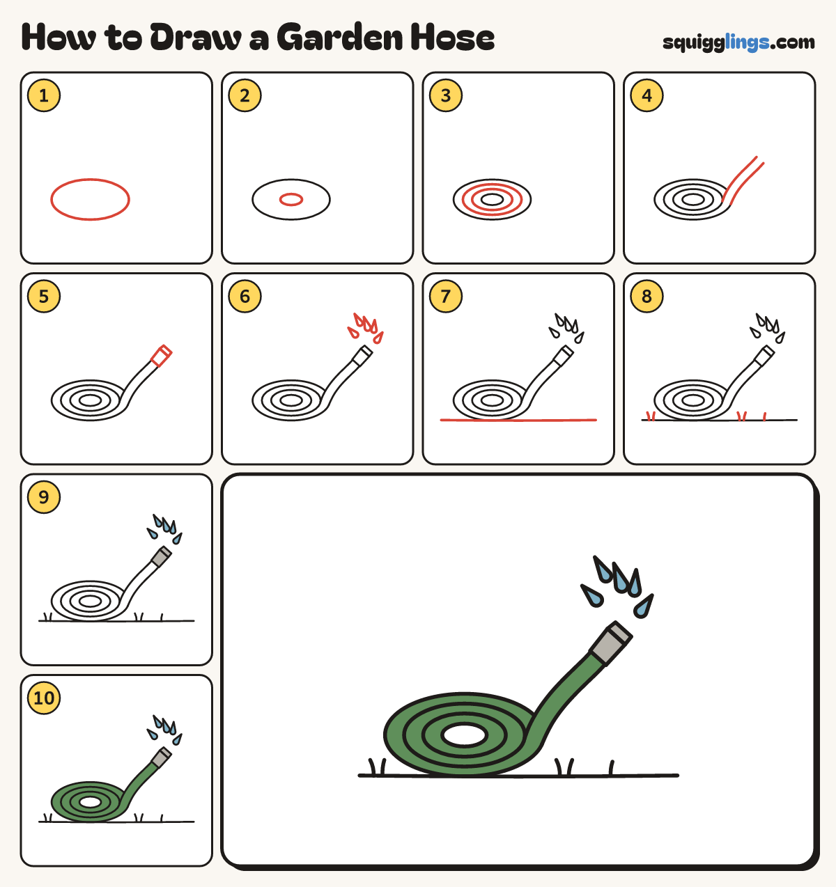 How to Draw a Garden Hose step by step: all 10 steps in one picture
