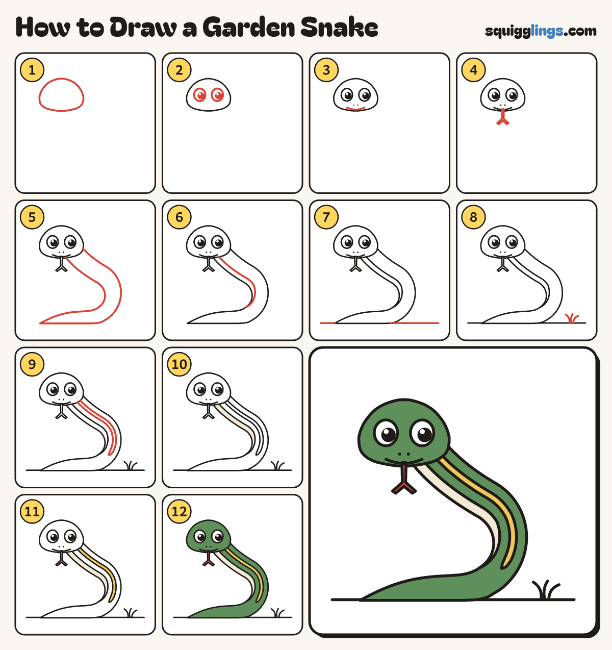 How to Draw a Garden Snake step by step: all 12 steps in one picture