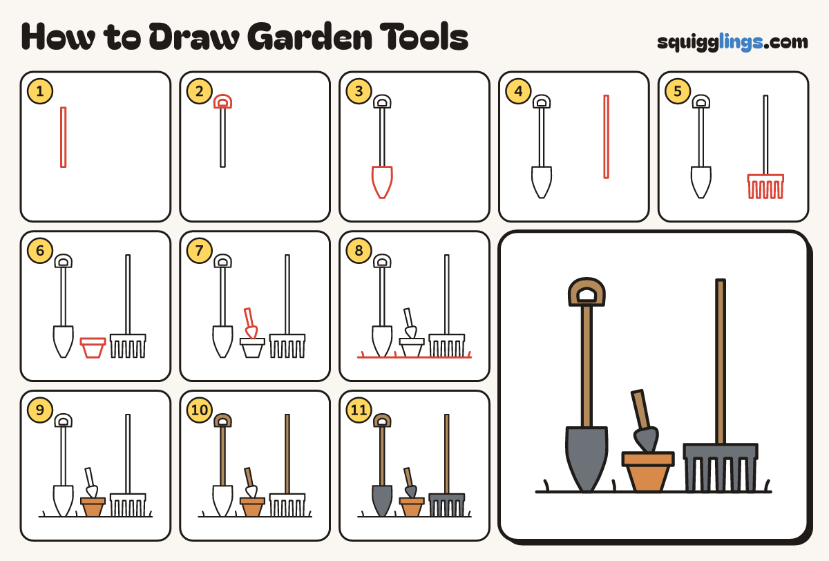 How to Draw Garden Tools step by step: all 11 steps in one picture