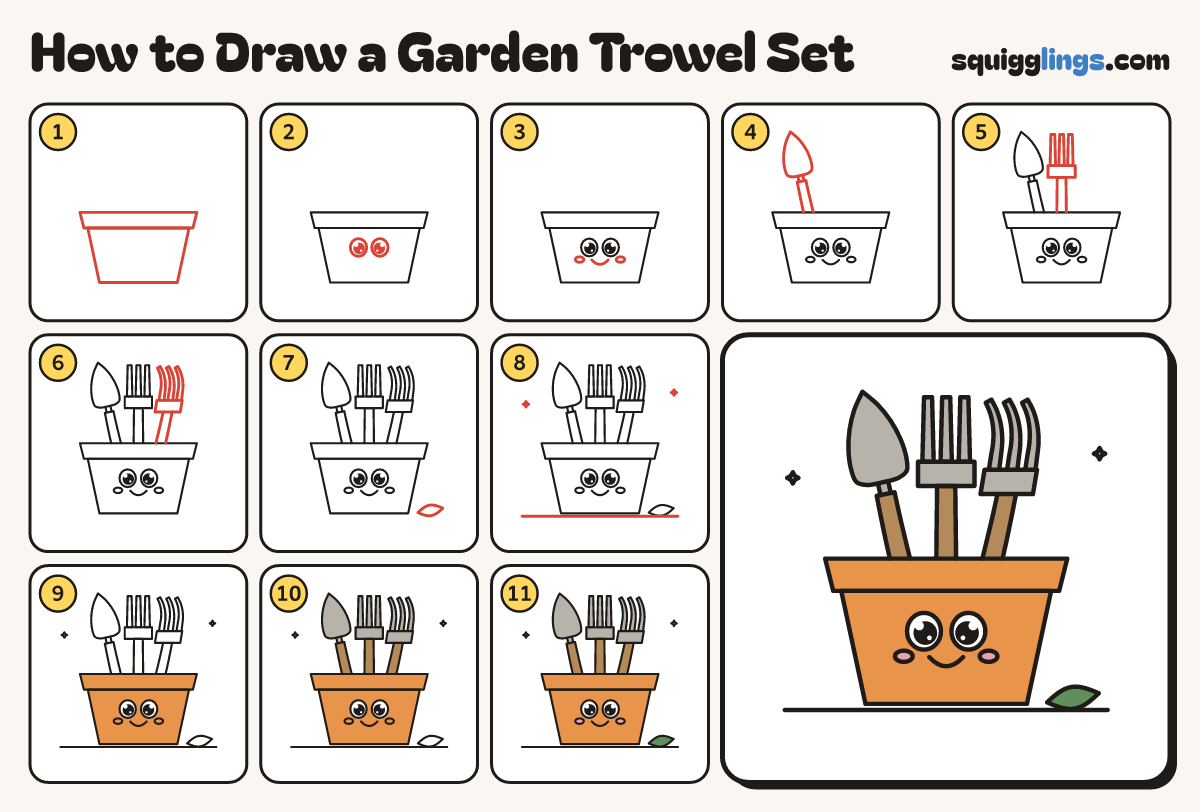 How to Draw a Garden Trowel Set step by step: all 11 steps in one picture