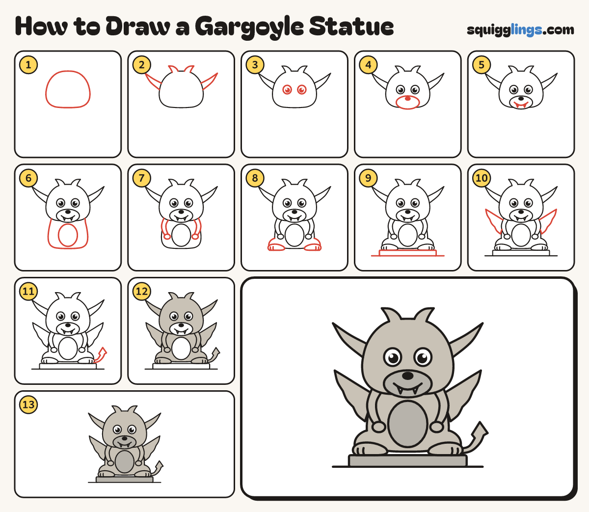 How to Draw a Gargoyle Statue step by step: all 13 steps in one picture