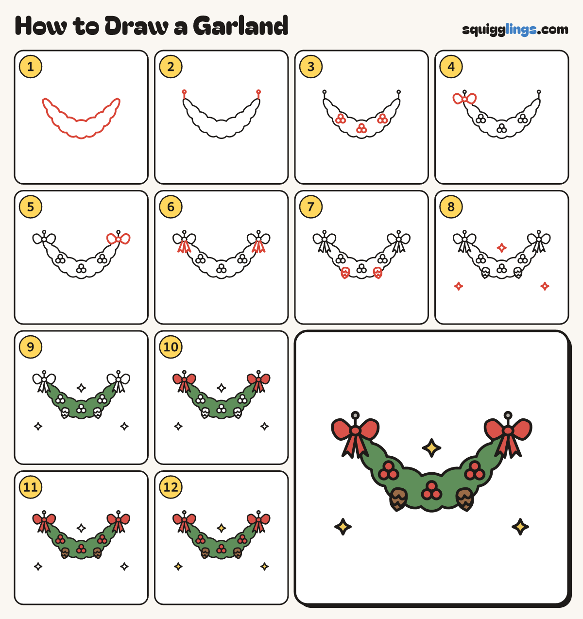 How to Draw a Garland step by step: all 12 steps in one picture