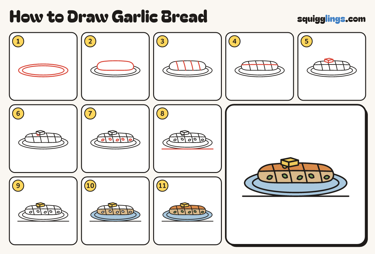 How to Draw Garlic Bread step by step: all 11 steps in one picture