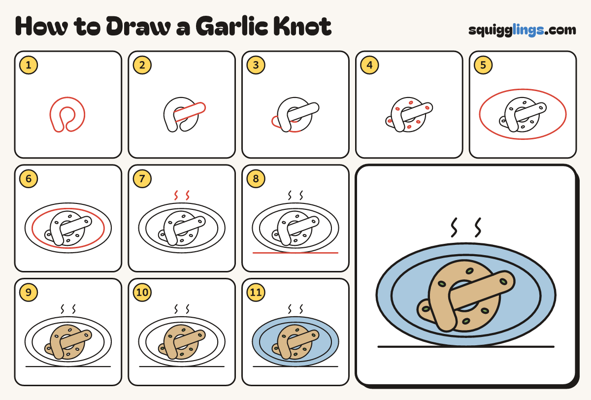 How to Draw a Garlic Knot step by step: all 11 steps in one picture
