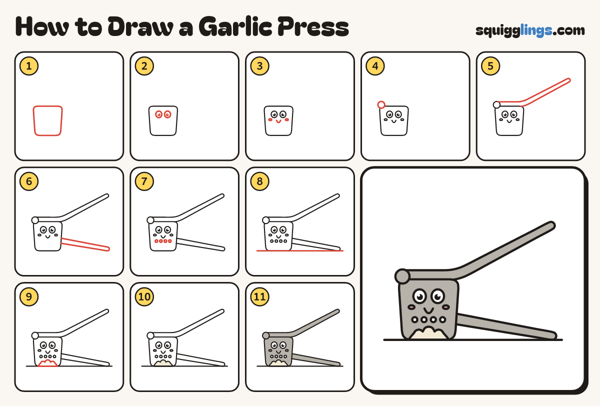 How to Draw a Garlic Press step by step: all 11 steps in one picture