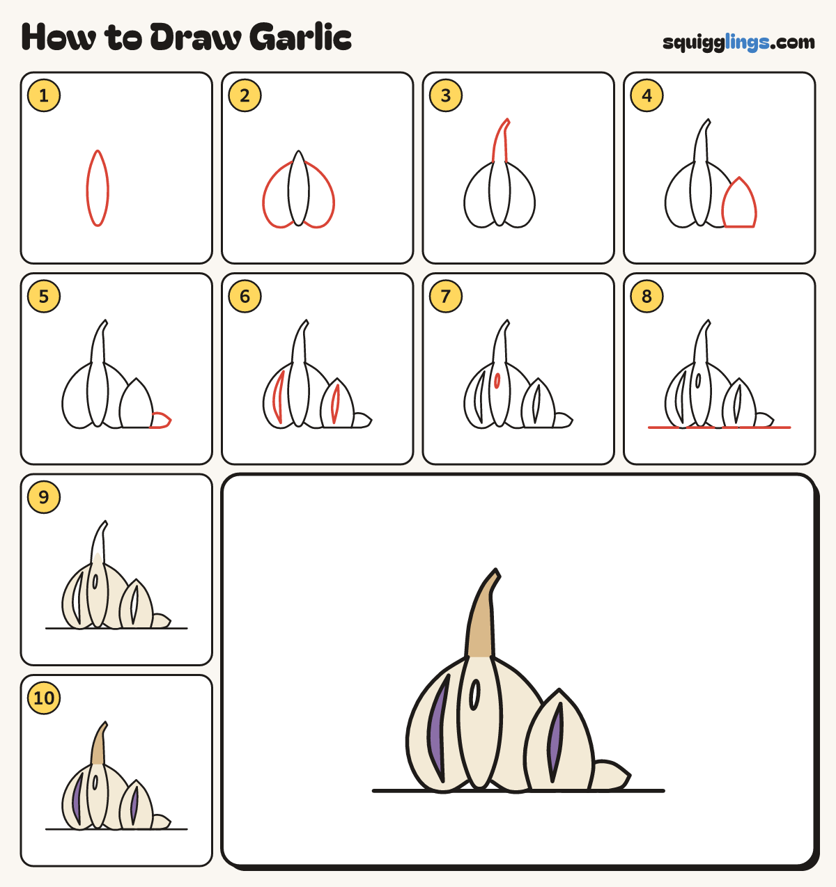 How to Draw Garlic step by step: all 10 steps in one picture