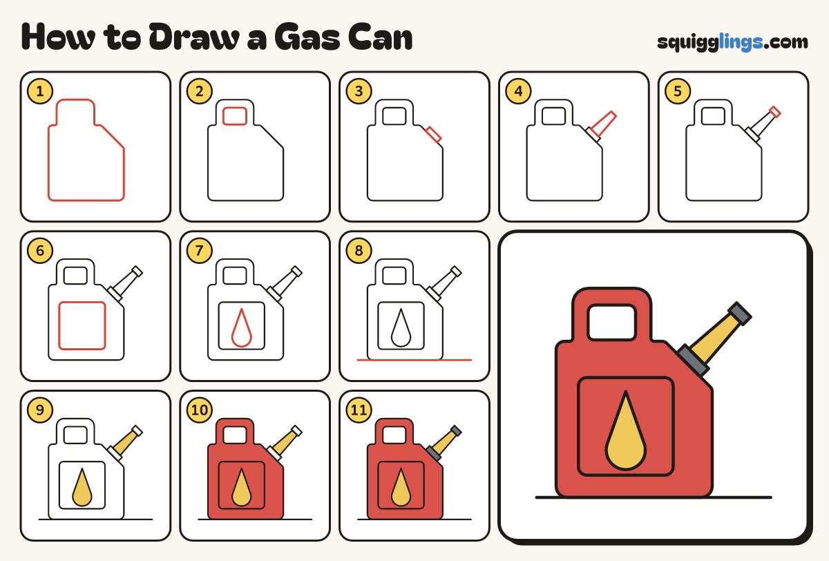 How to Draw a Gas Can step by step: all 11 steps in one picture