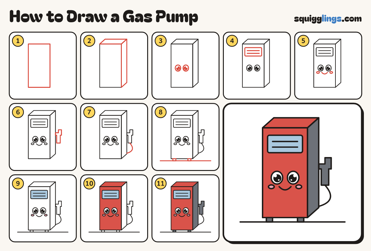 How to Draw a Gas Pump step by step: all 11 steps in one picture