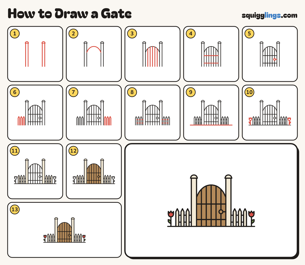 How to Draw a Gate step by step: all 13 steps in one picture