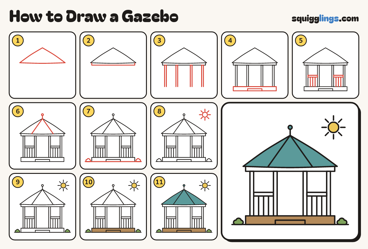 How to Draw a Gazebo step by step: all 11 steps in one picture