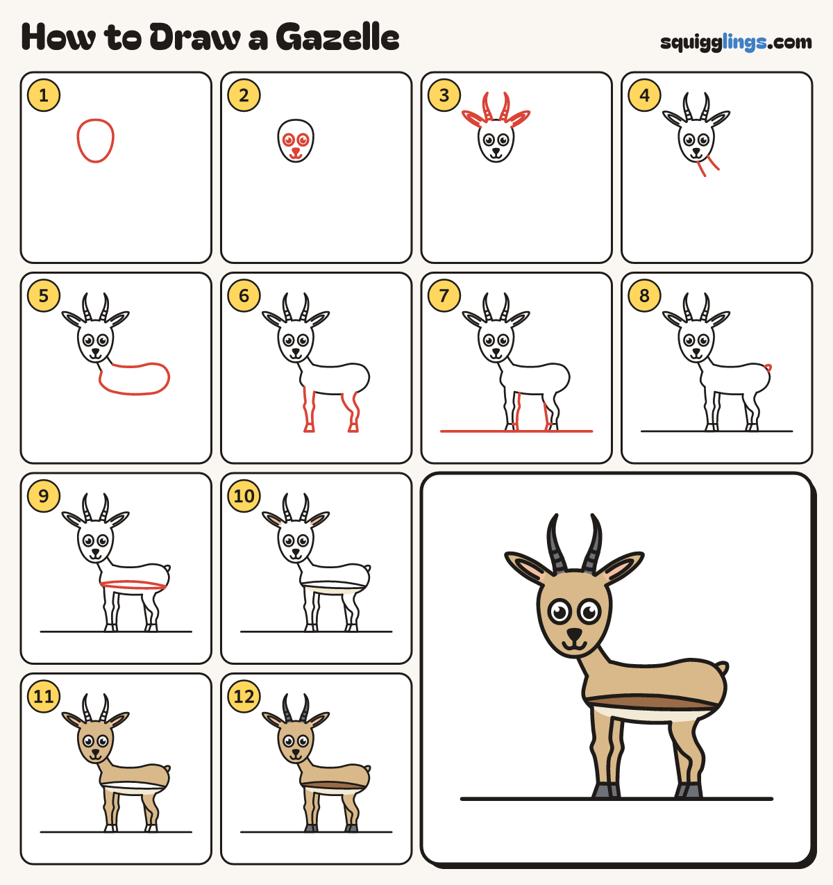 How to Draw a Gazelle step by step: all 12 steps in one picture