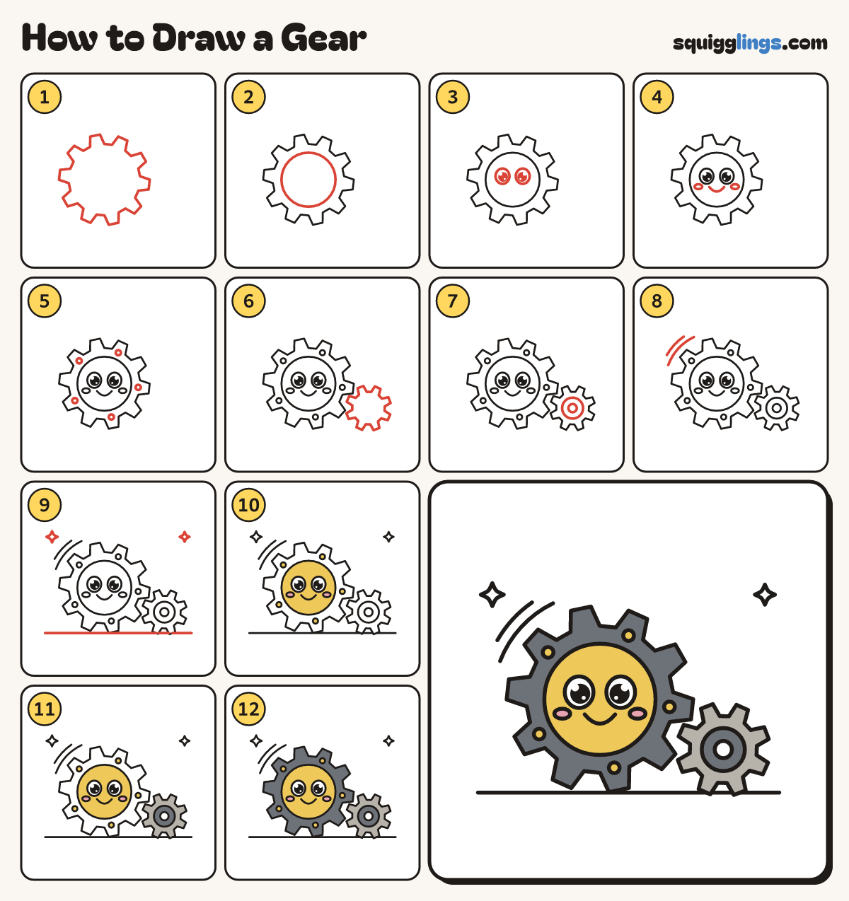 How to Draw a Gear step by step: all 12 steps in one picture