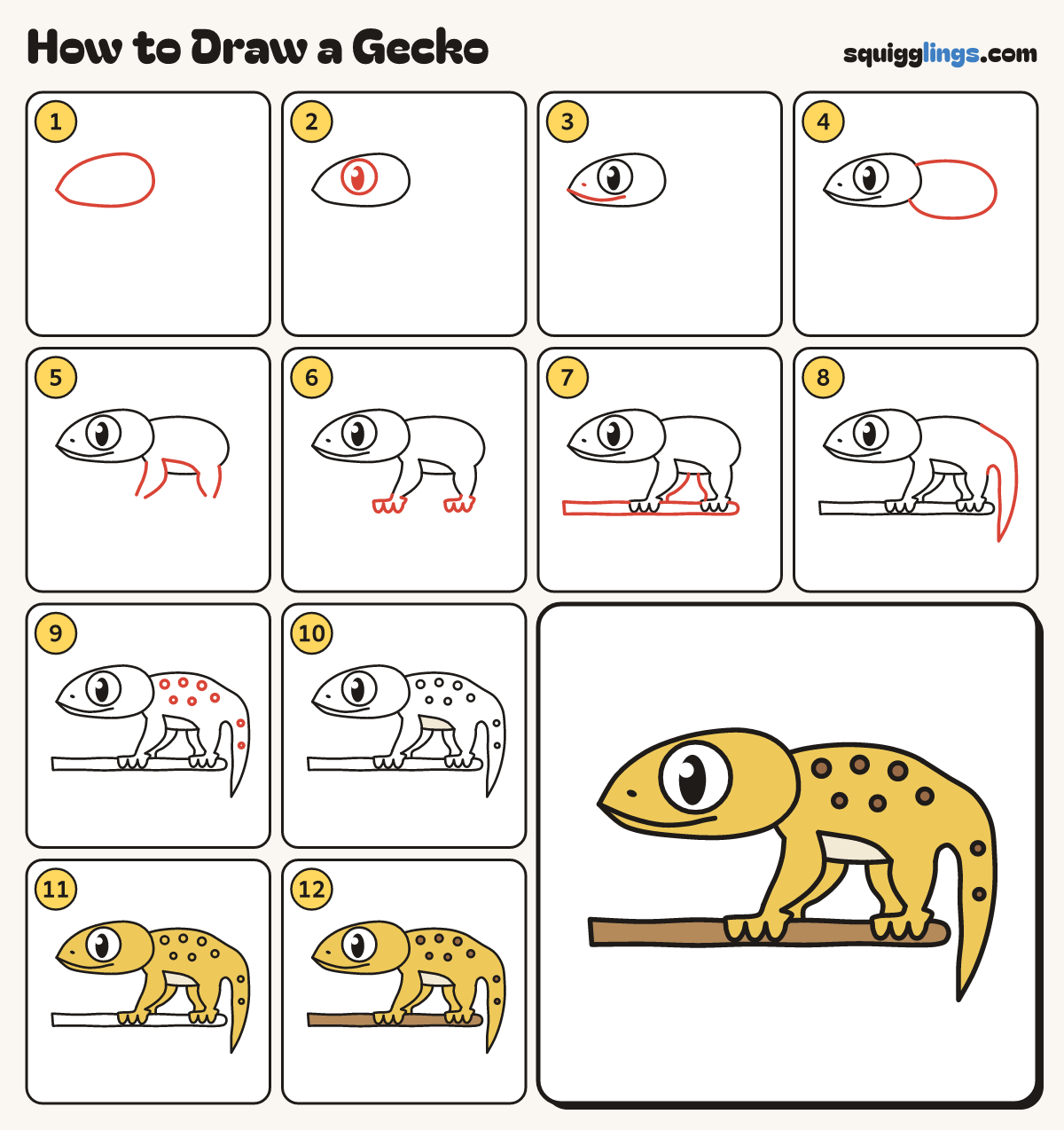 How to Draw a Gecko step by step: all 12 steps in one picture
