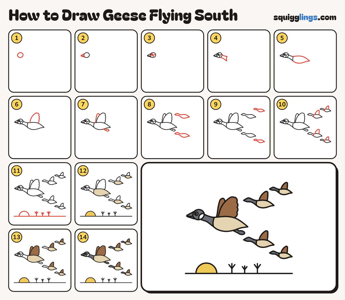 How to Draw Geese Flying South step by step: all 14 steps in one picture