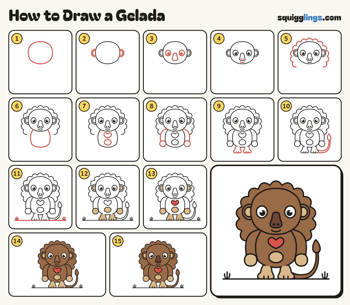 How to Draw a Gelada step by step: all 15 steps in one picture