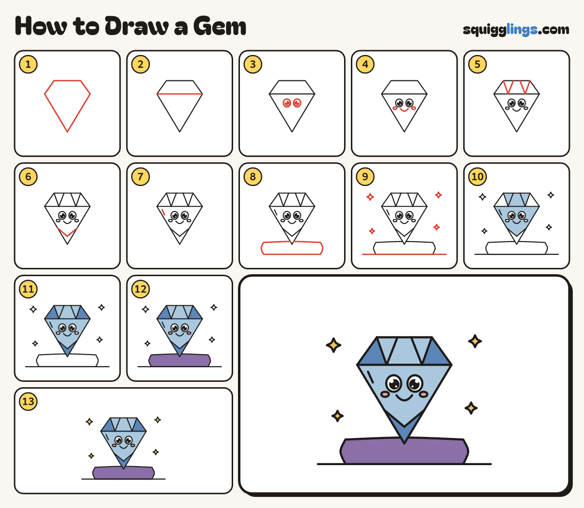 How to Draw a Gem step by step: all 13 steps in one picture