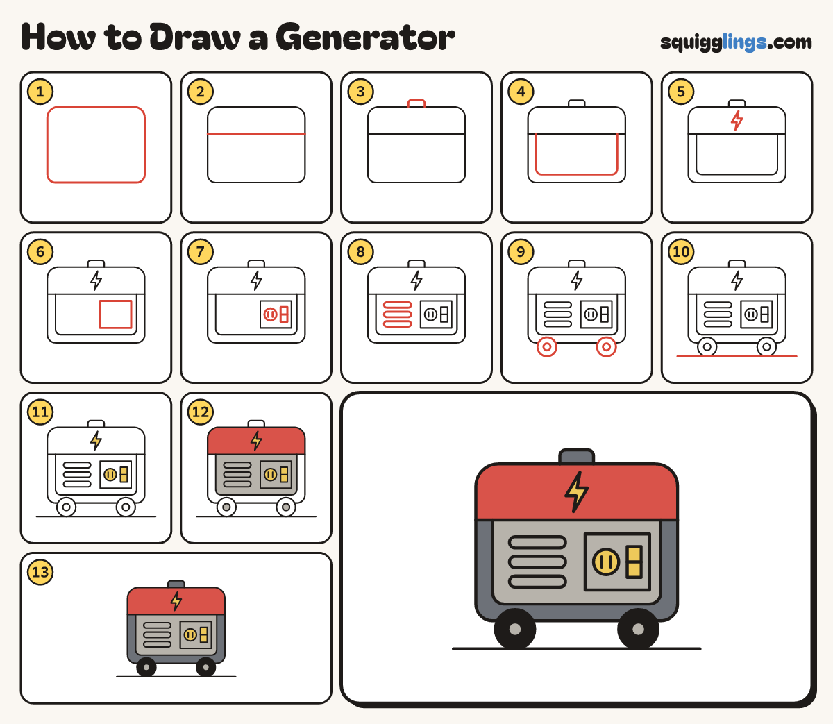 How to Draw a Generator step by step: all 13 steps in one picture