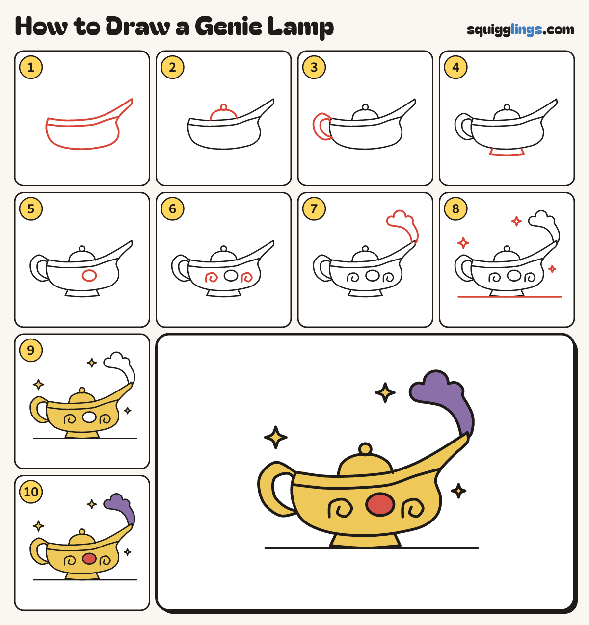 How to Draw a Genie Lamp step by step: all 10 steps in one picture