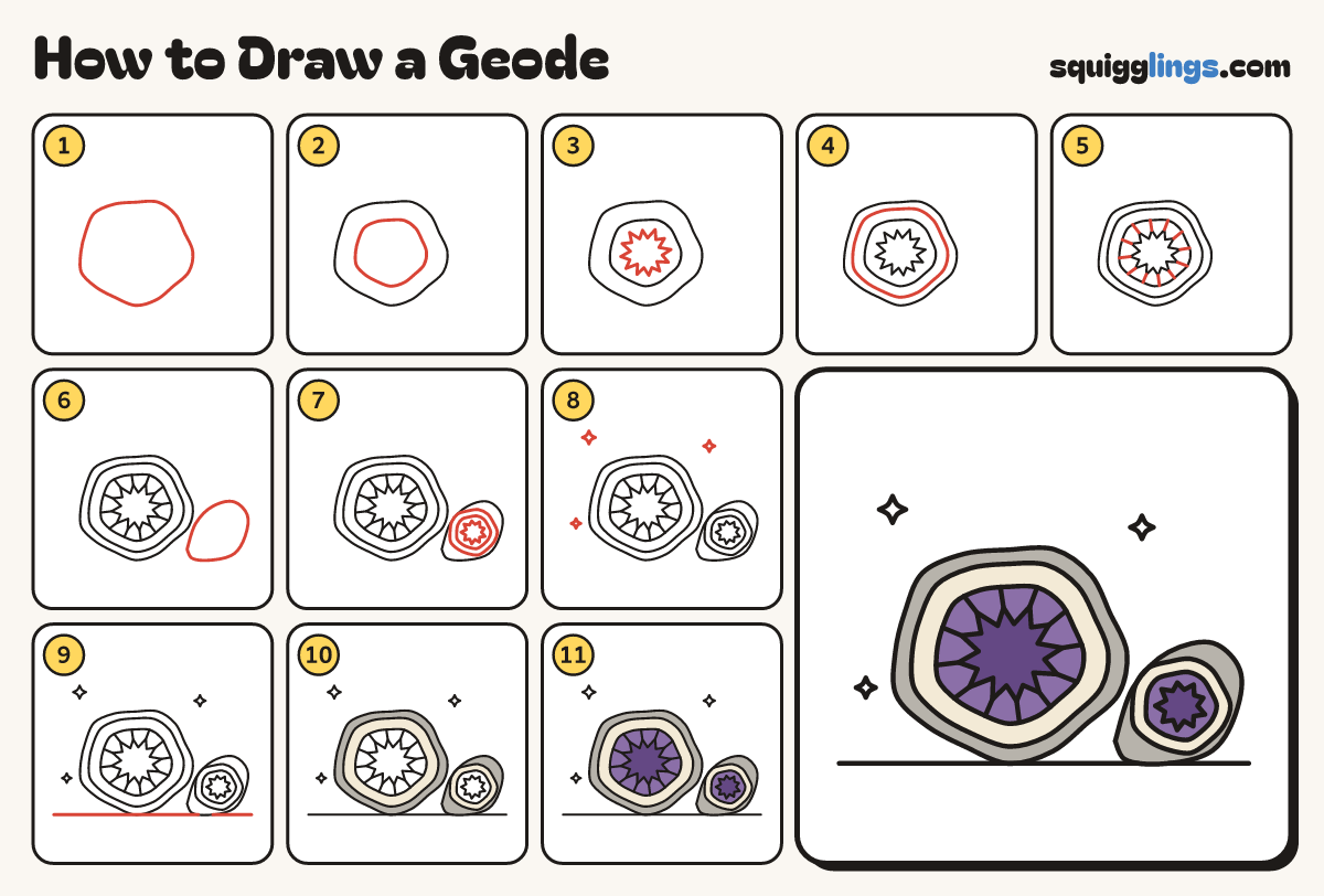 How to Draw a Geode step by step: all 11 steps in one picture