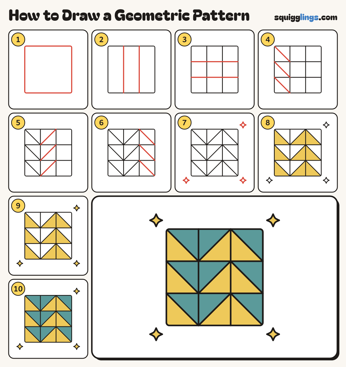 How to Draw a Geometric Pattern step by step: all 10 steps in one picture