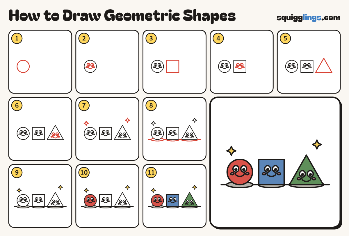 How to Draw Geometric Shapes step by step: all 11 steps in one picture