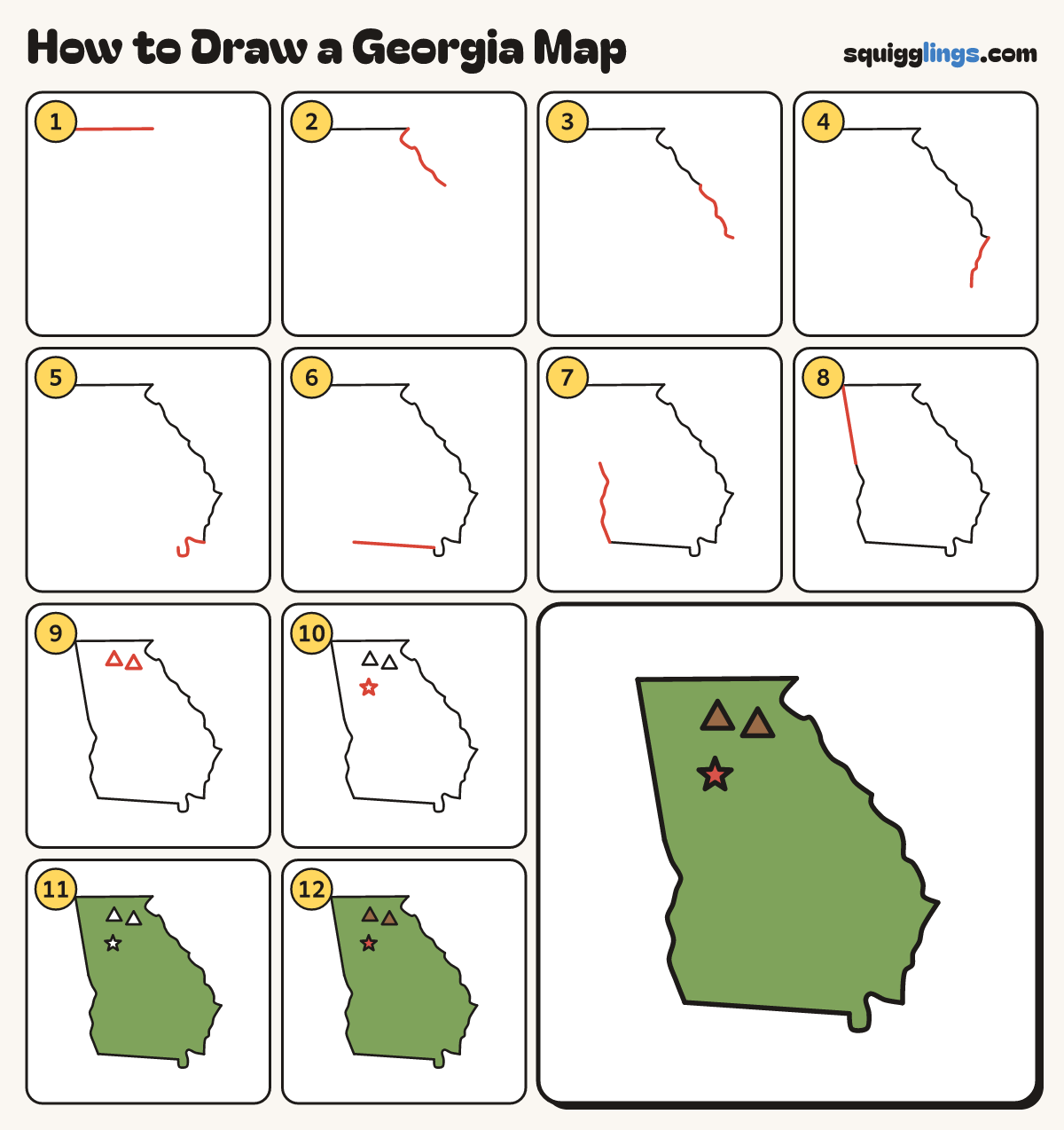 How to Draw a Georgia Map step by step: all 12 steps in one picture