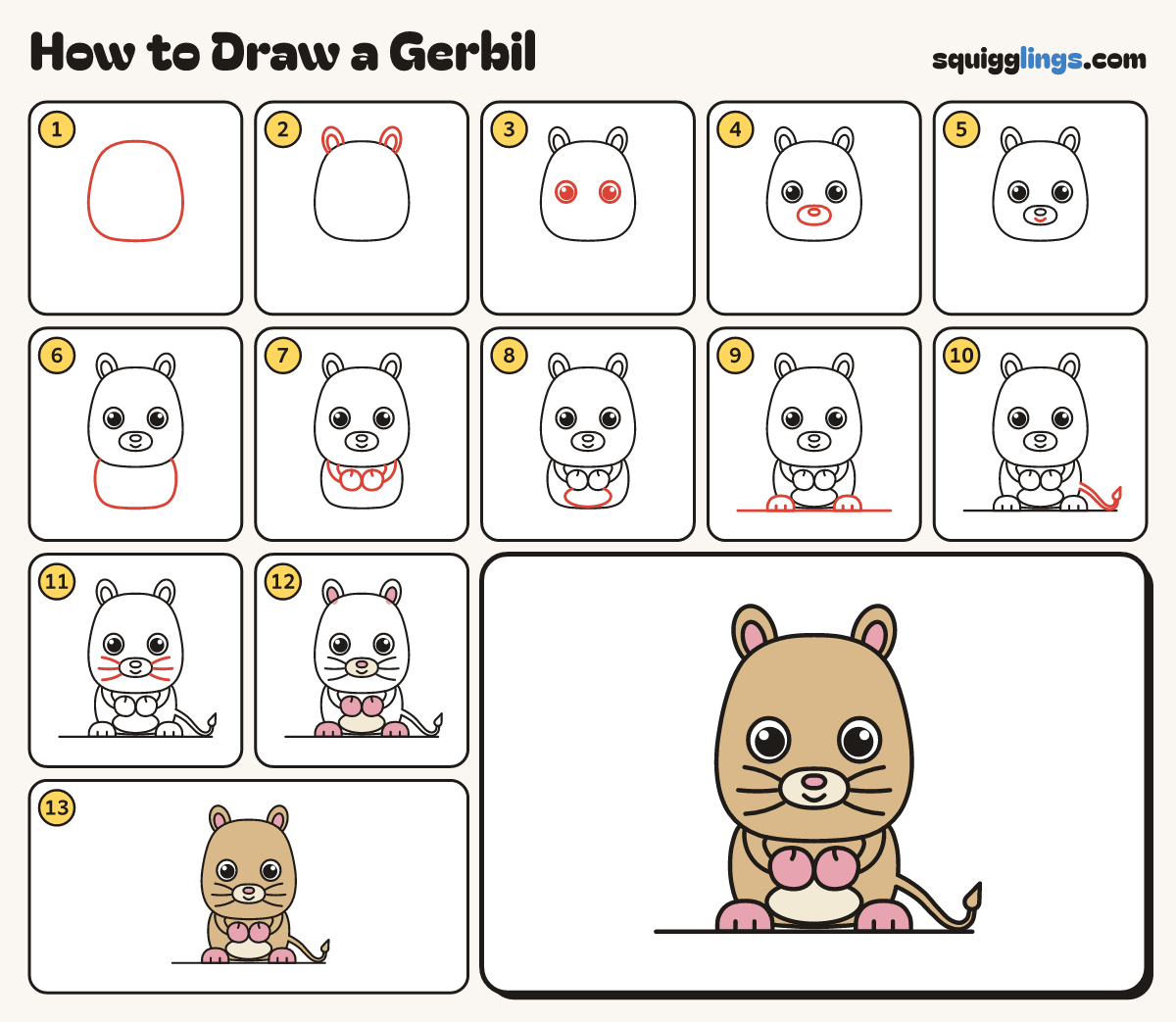 How to Draw a Gerbil step by step: all 13 steps in one picture