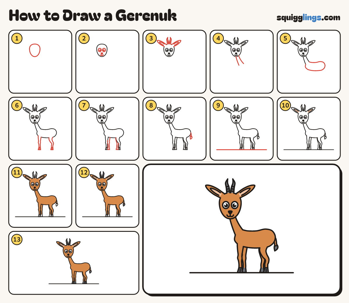 How to Draw a Gerenuk step by step: all 13 steps in one picture