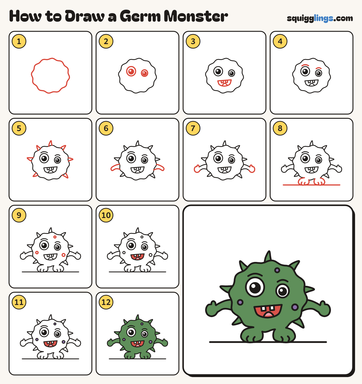 How to Draw a Germ Monster step by step: all 12 steps in one picture