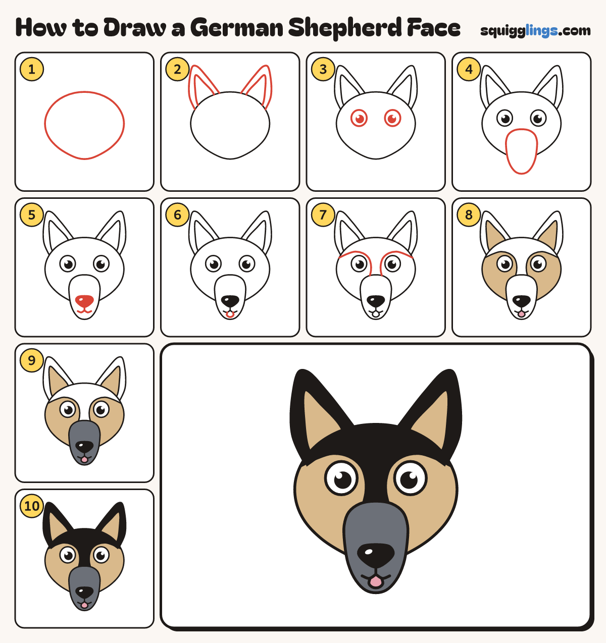 How to Draw a German Shepherd Face step by step: all 10 steps in one picture