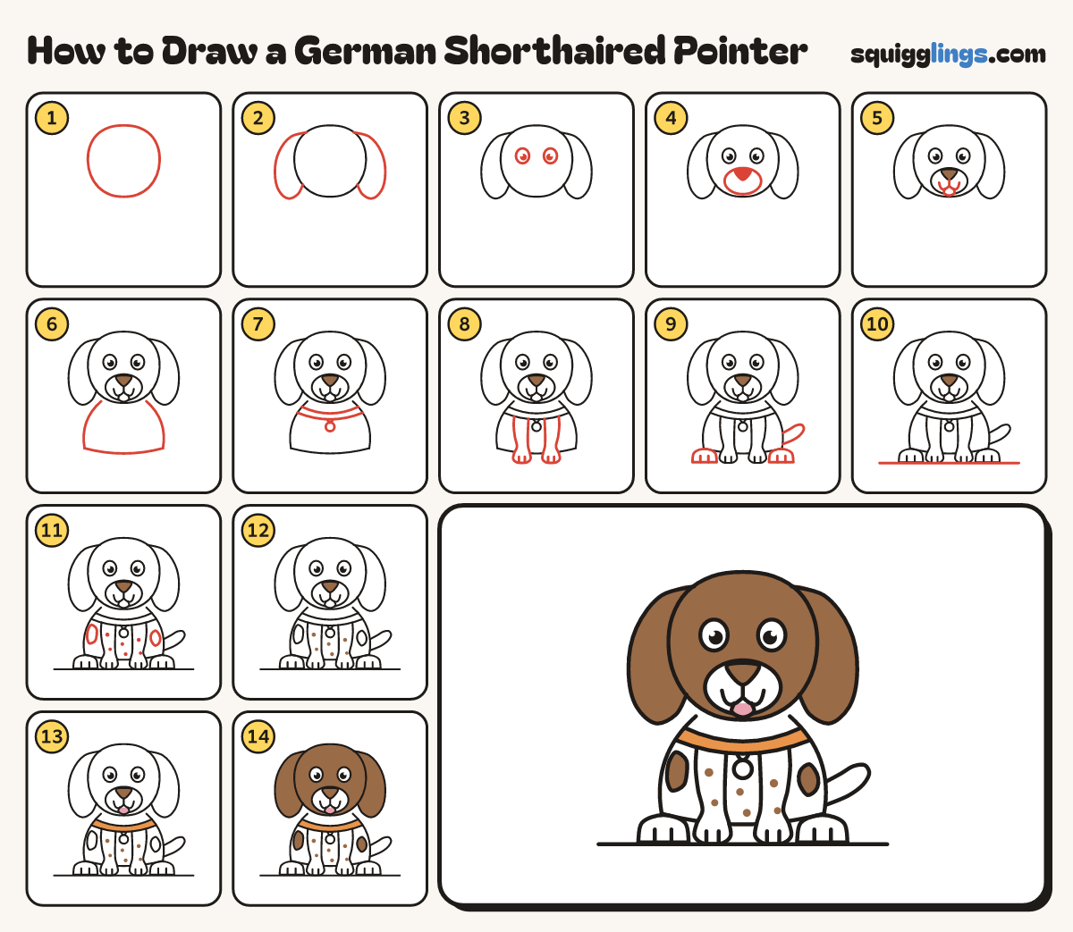 How to Draw a German Shorthaired Pointer step by step: all 14 steps in one picture