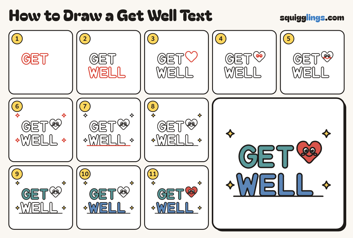 How to Draw a Get Well Text step by step: all 11 steps in one picture