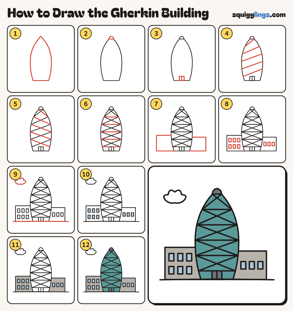 How to Draw the Gherkin Building step by step: all 12 steps in one picture