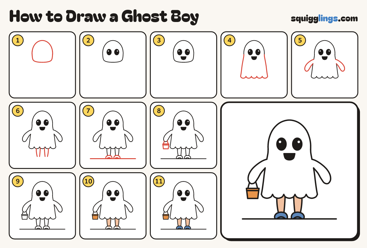 How to Draw a Ghost Boy step by step: all 11 steps in one picture