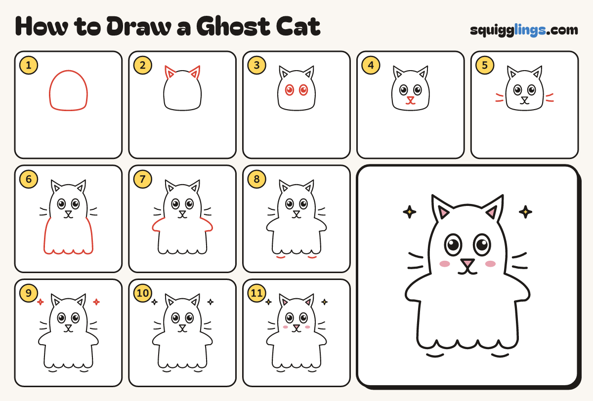 How to Draw a Ghost Cat step by step: all 11 steps in one picture