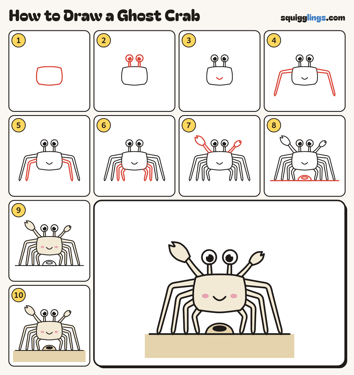 How to Draw a Ghost Crab step by step: all 10 steps in one picture