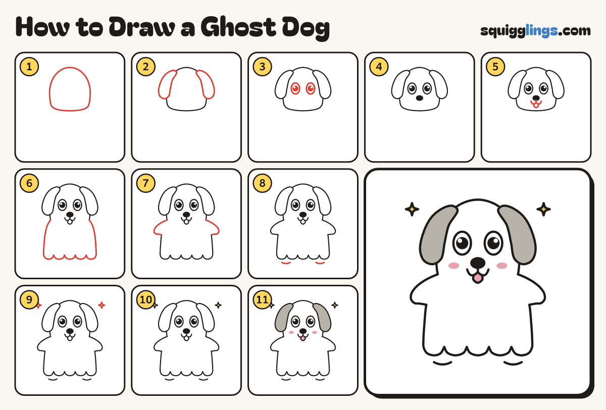 How to Draw a Ghost Dog step by step: all 11 steps in one picture