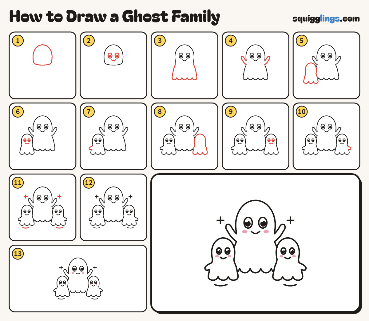 How to Draw a Ghost Family step by step: all 13 steps in one picture