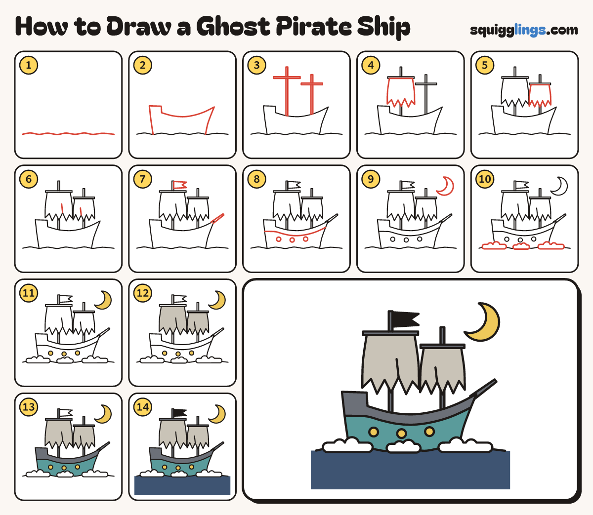 How to Draw a Ghost Pirate Ship step by step: all 14 steps in one picture