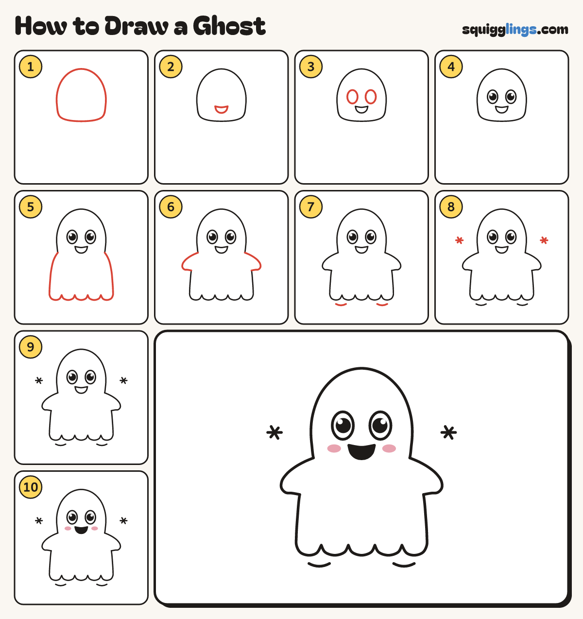 How to Draw a Ghost step by step: all 10 steps in one picture