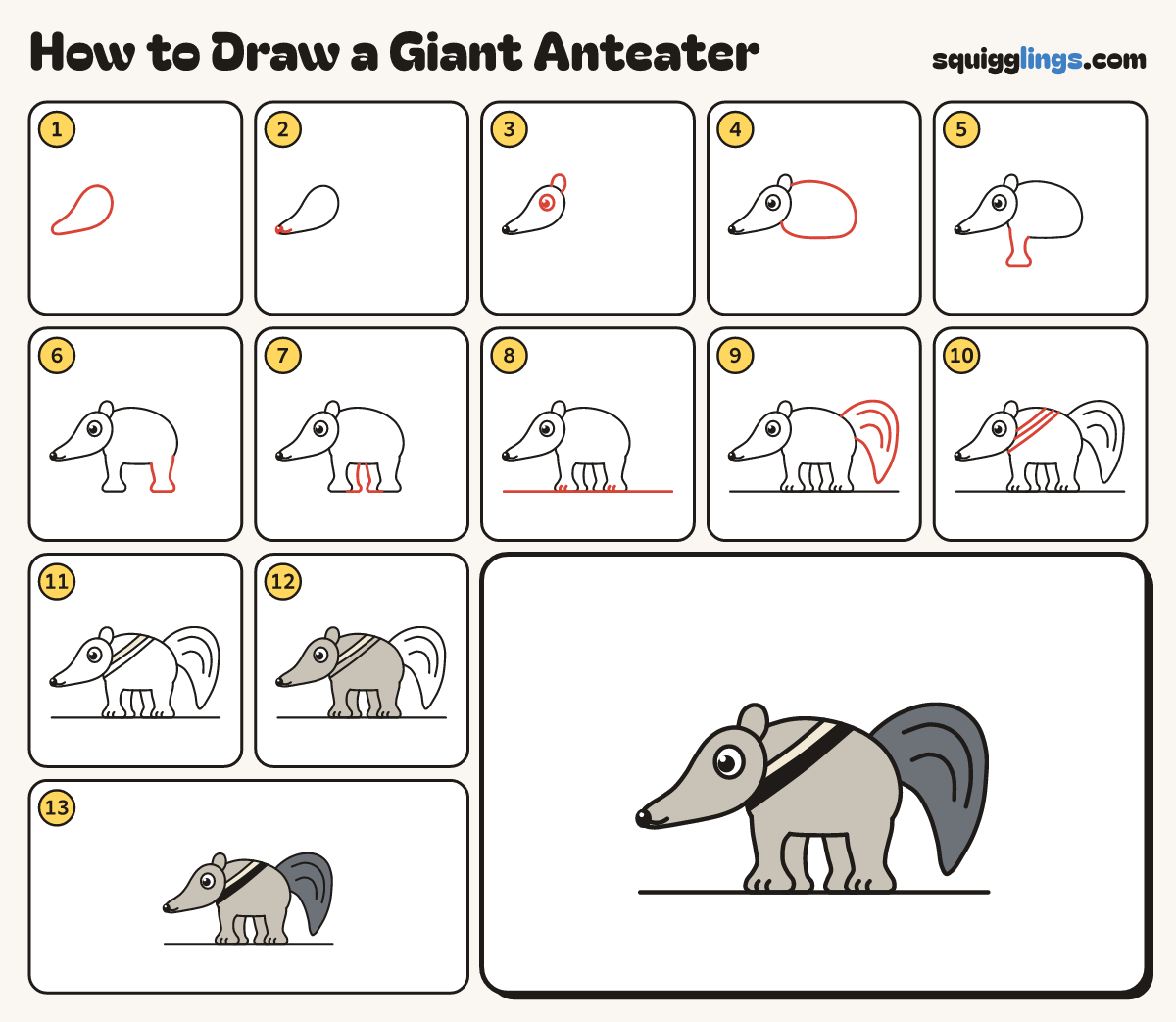 How to Draw a Giant Anteater step by step: all 13 steps in one picture