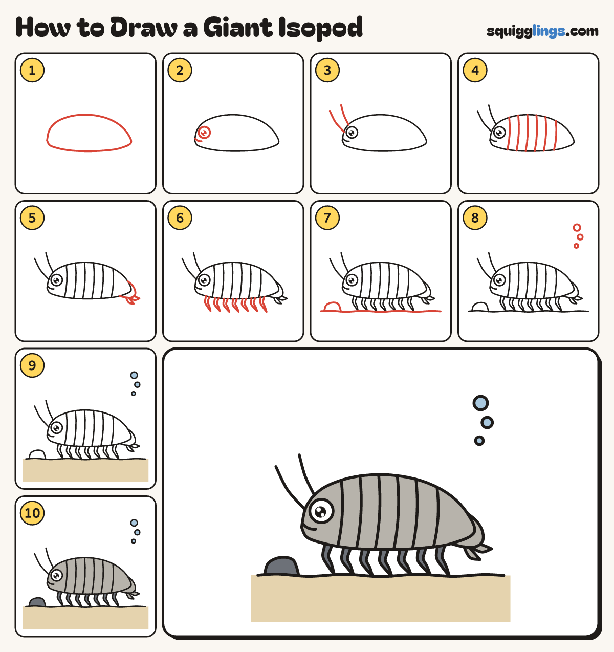 How to Draw a Giant Isopod step by step: all 10 steps in one picture