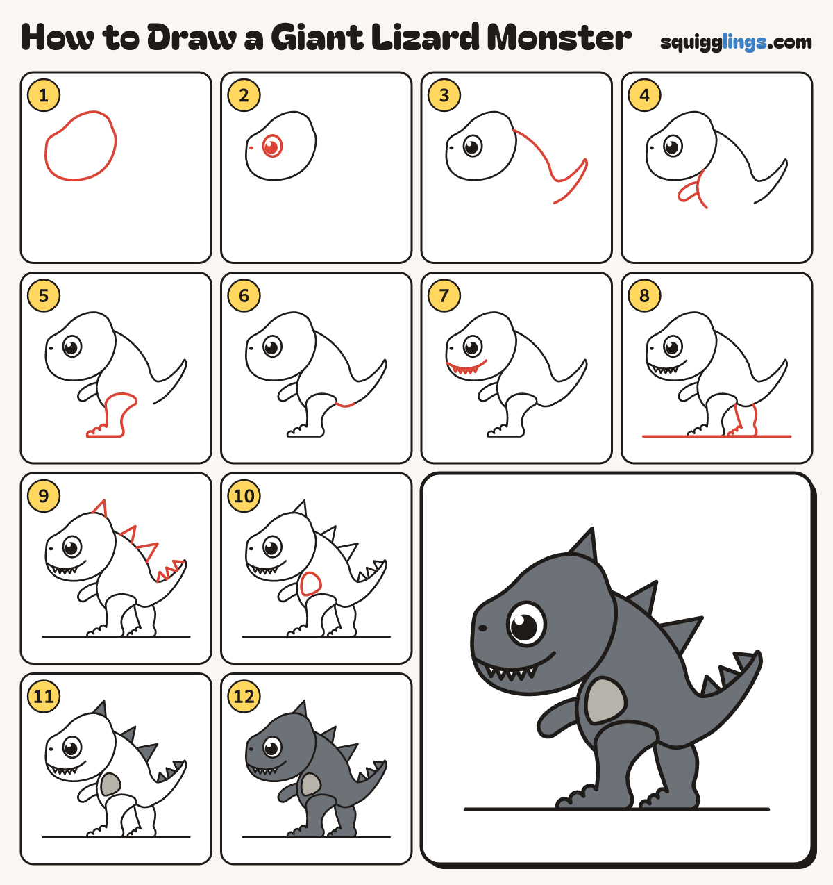 How to Draw a Giant Lizard Monster step by step: all 12 steps in one picture