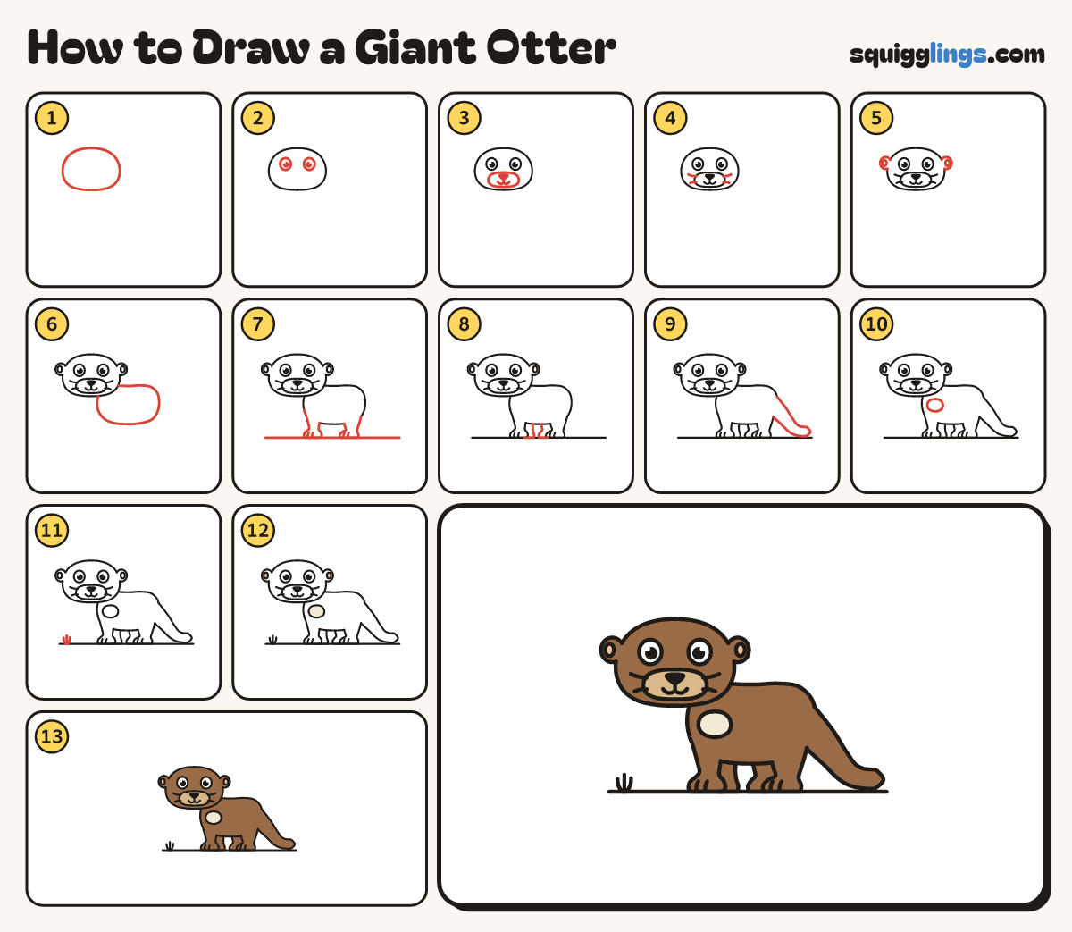 How to Draw a Giant Otter step by step: all 13 steps in one picture