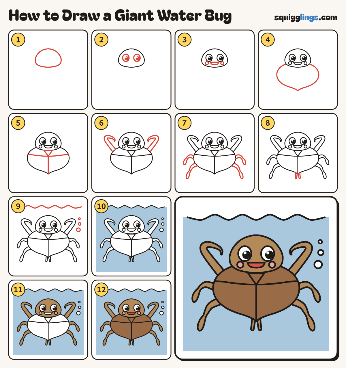 How to Draw a Giant Water Bug step by step: all 12 steps in one picture