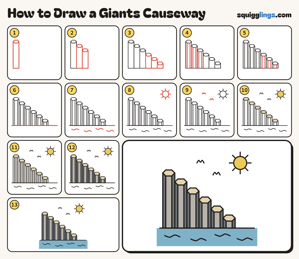 How to Draw a Giants Causeway step by step: all 13 steps in one picture