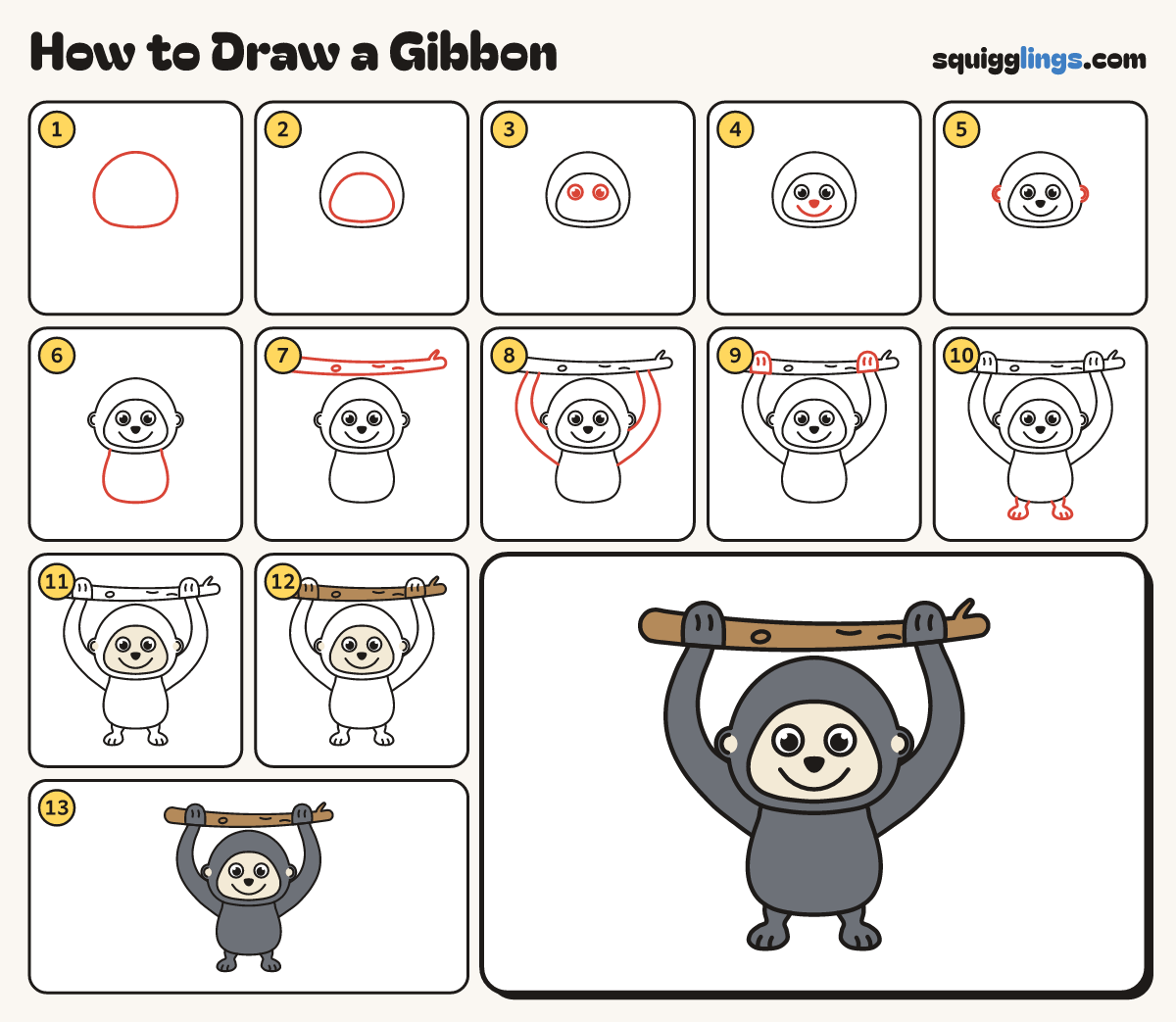How to Draw a Gibbon step by step: all 13 steps in one picture