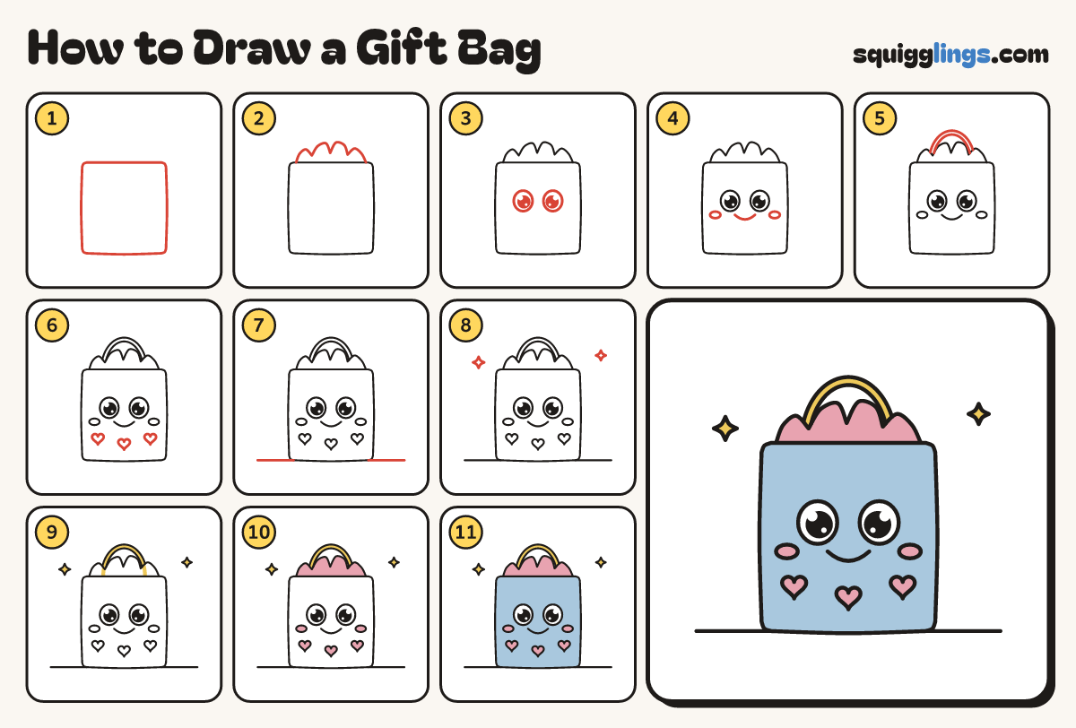 How to Draw a Gift Bag step by step: all 11 steps in one picture